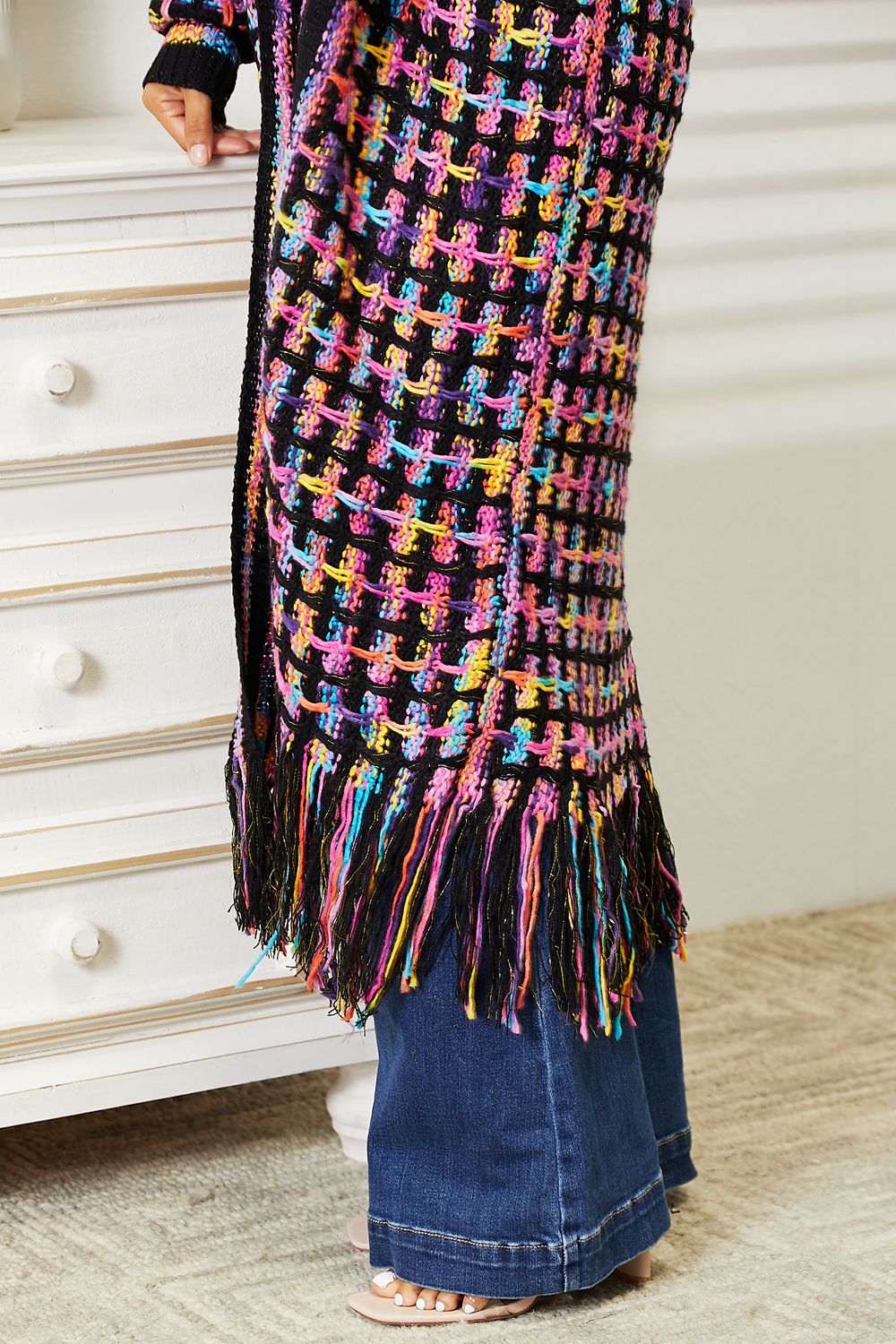 Double Take Multicolored Open Front Fringe Hem Cardigan