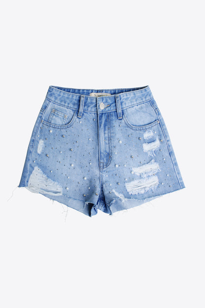 Distressed Bead Denim Shorts