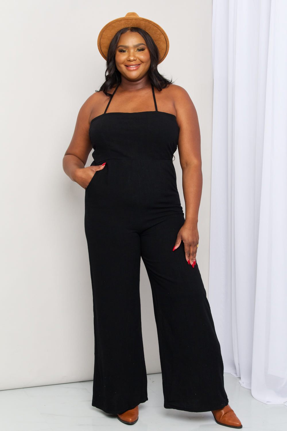 Halter Neck Wide Leg Jumpsuit with Pockets