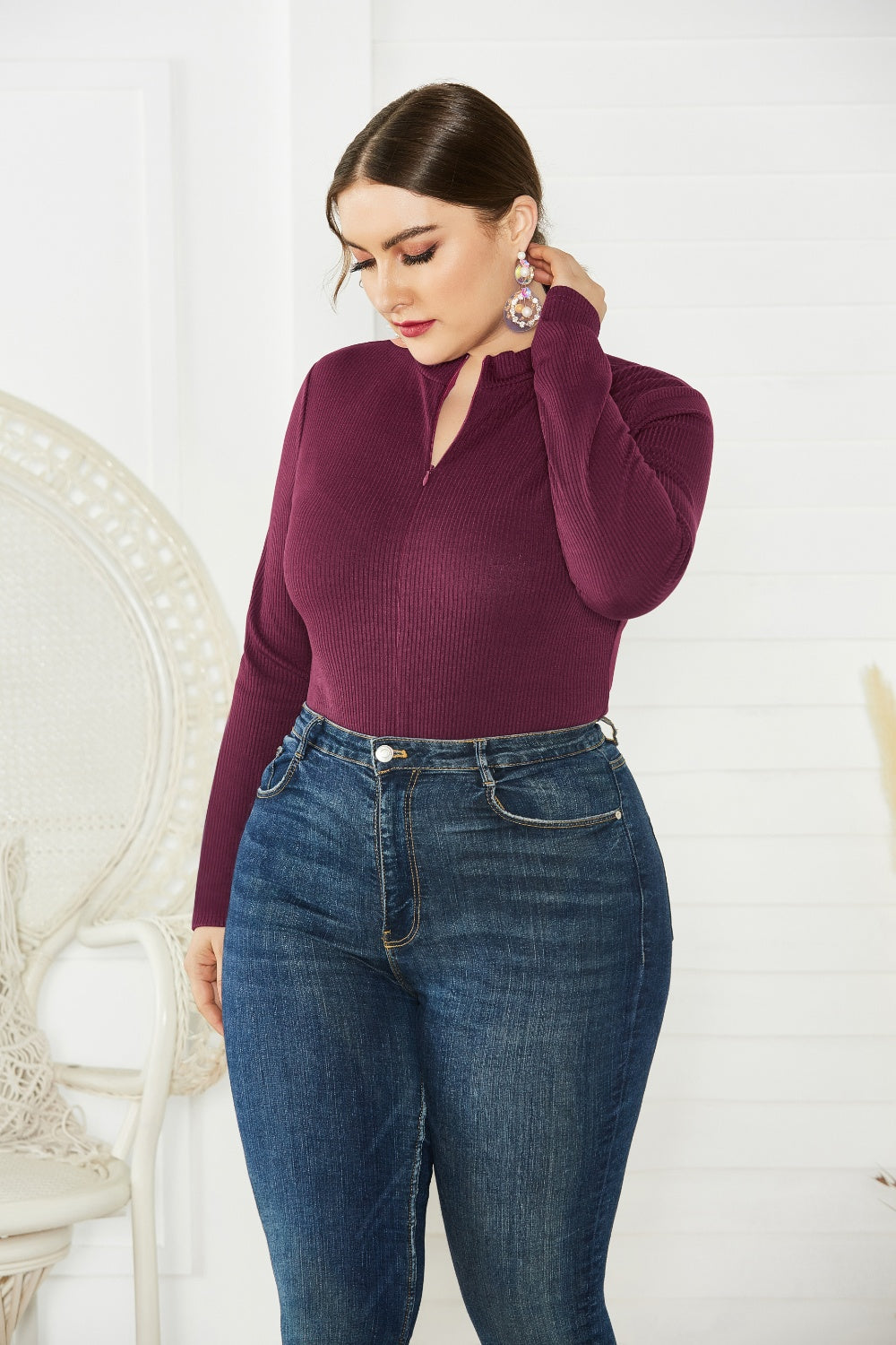 Plus Size Zip Up Long Sleeve Bodysuit