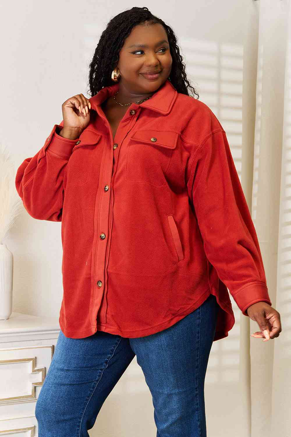 Kozy Girl Button Down Shacket in Rust